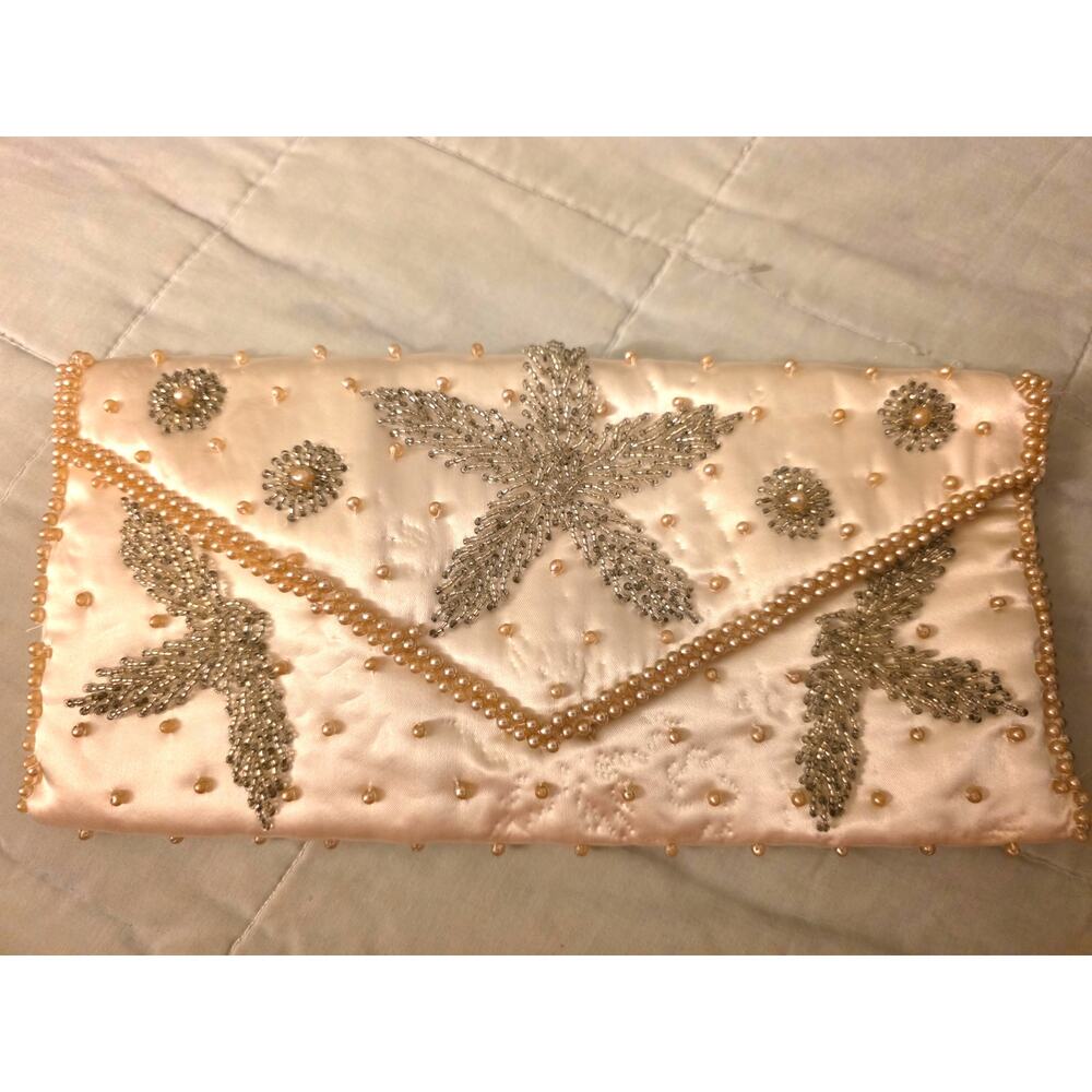Vtg. Satin Beaded Purse Silver Flower Bags by Debbie Japan